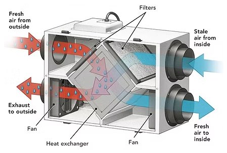 Energy Recovery Ventilator (ERV) diagram showing fresh air intake, heat exchange, and stale air exhaust